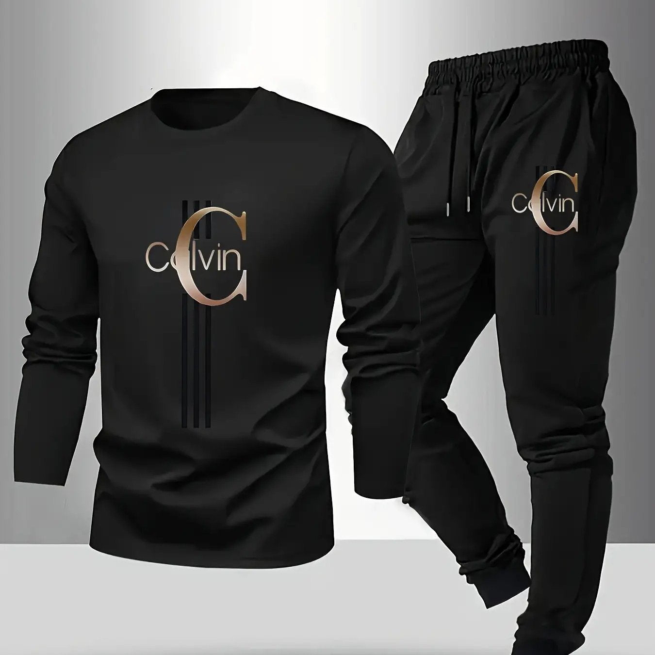 2pcs Set- Large-Sized Men'S Long-Sleeved T-Shirt And Long Pants Set, Letter-Printed Round-Neck Top+ Drawstring Outdoor Casual Sport Pants Set, Spring And Autumn Clothing, Polyester Blend for Softer And More Breathable, Larger