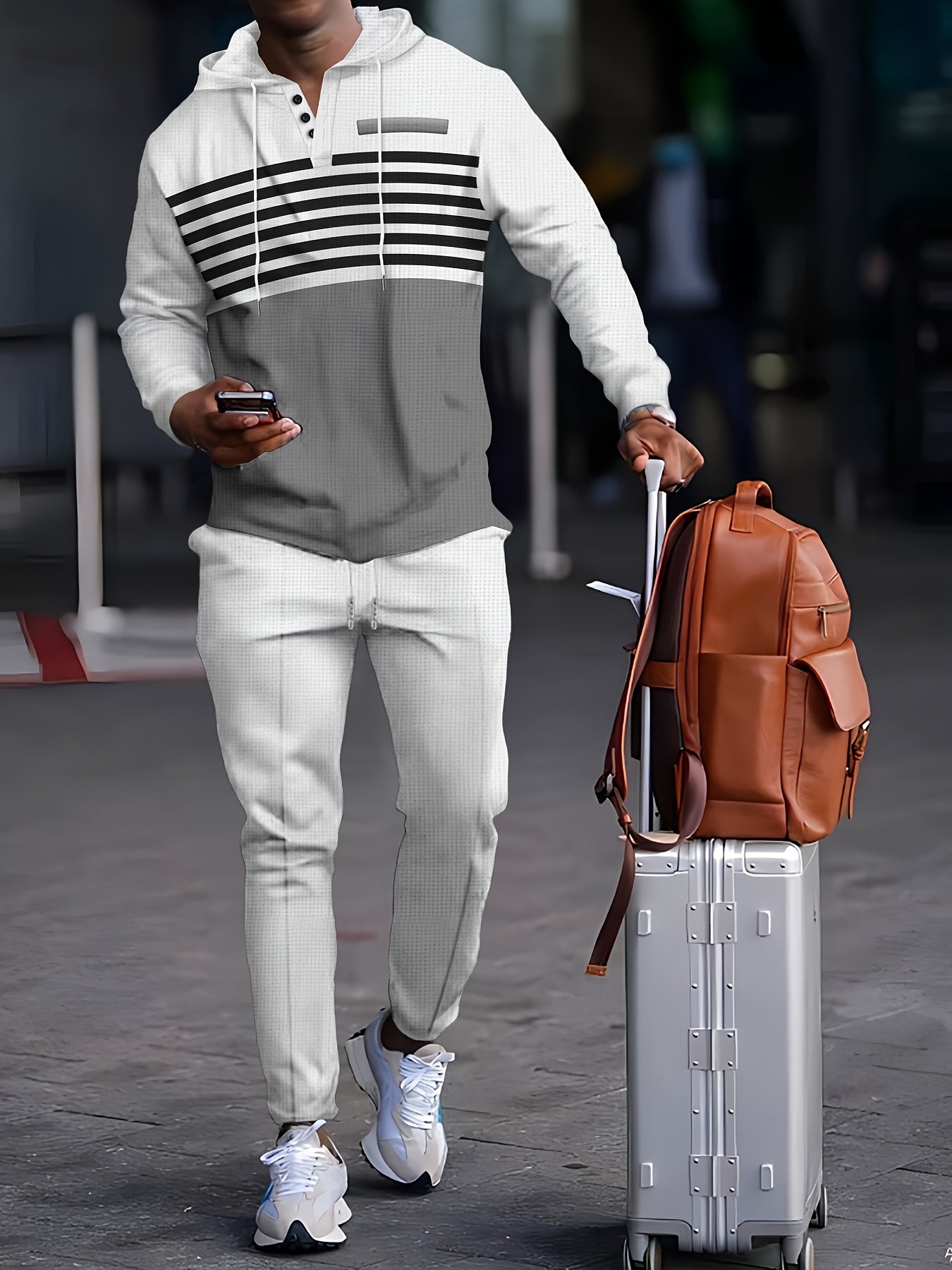 New Men's Casual Set Outdoor Versatile High Fashion Men's Hoodie Color blocked Striped Long Sleeve Top Long Pants Two Piece Set for Men