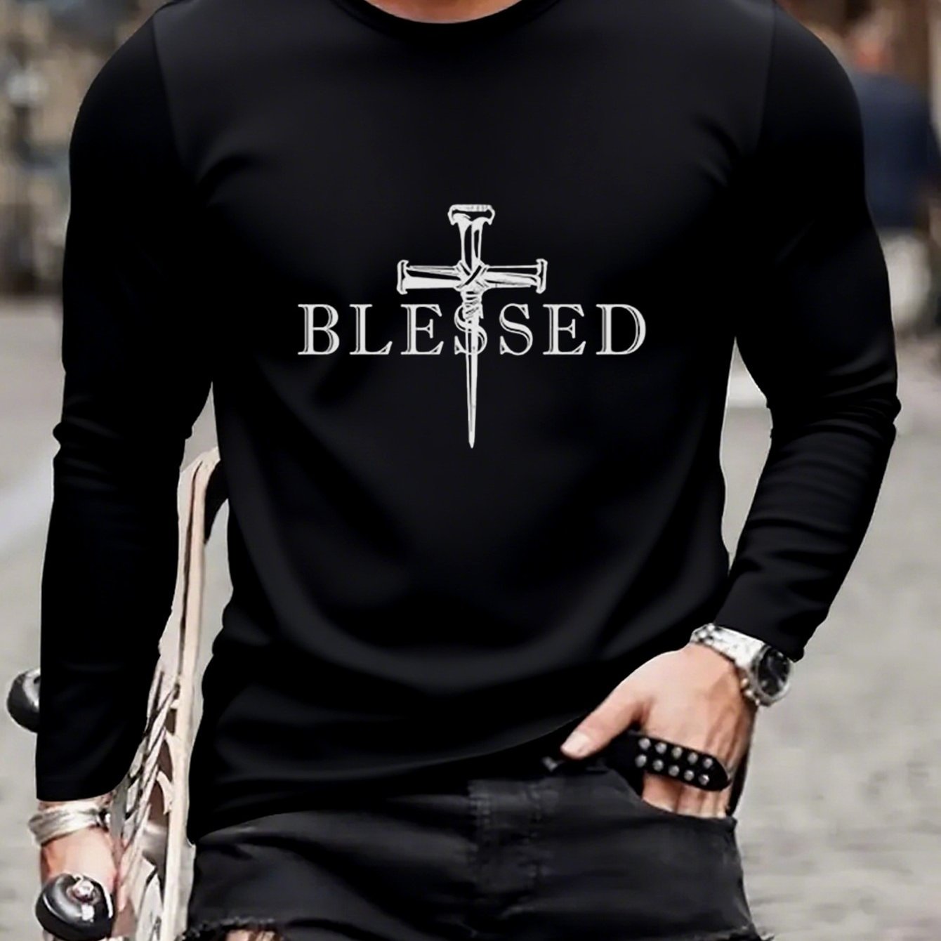Men's 100% Oversized Jesus Print T-Shirt - Faith Cross & Blessed Design, Crew Neck Long Sleeve Casual Top, All-Season Comfortable Church Wear, Study Apparel, Durable Everyday Religious Clothing, PLUS SIZE