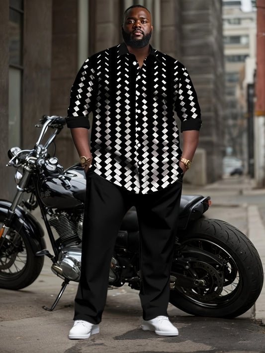 [Plus Size Polka Dot Knit Set] 1set Plus Size Men's Polka Dot Knit Shirt and Pants Set - Polyester Blend with Elastane, Lapel Collar, Button Details, Slight Stretch, Regular Fit