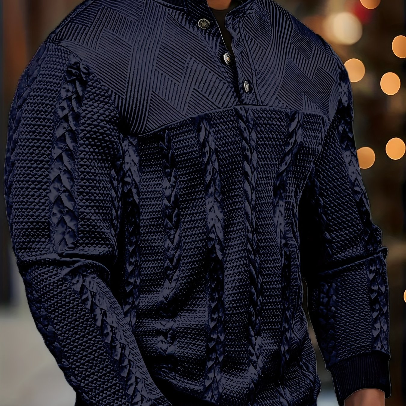 Men'S Jacquard Henley Shirt - Soft Stretch Long Sleeve Pullover with Button Front, Casual Knit Sweater for Fall/Winter, & Striped Design, Regular Fit Outdoor & Casual Attire, Winter Casual Wear | Striped Knitwear | Jacquard T