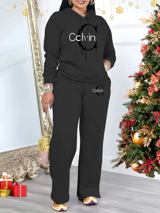 Plus Size Casual Sportswear Long Sleeve Pants Two-Piece Set, Letter Print Hooded Pocket Top Wide Leg Trousers 2pcs Outfit, Plus Size Casual Sportswear Long Sleeve Pants