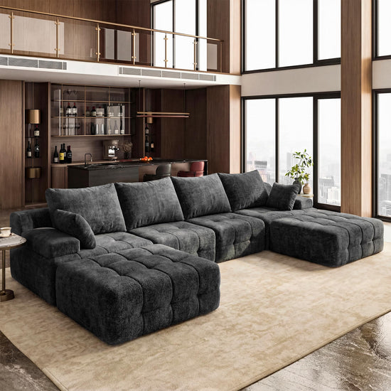 138" Cloud Sectional Couches for Living Room,Modern Convertible U-Shape Couch with Ottoman 3 Seater Chenille Fabric Comfy Cloud Couches with 2 Movable Ottoman Black