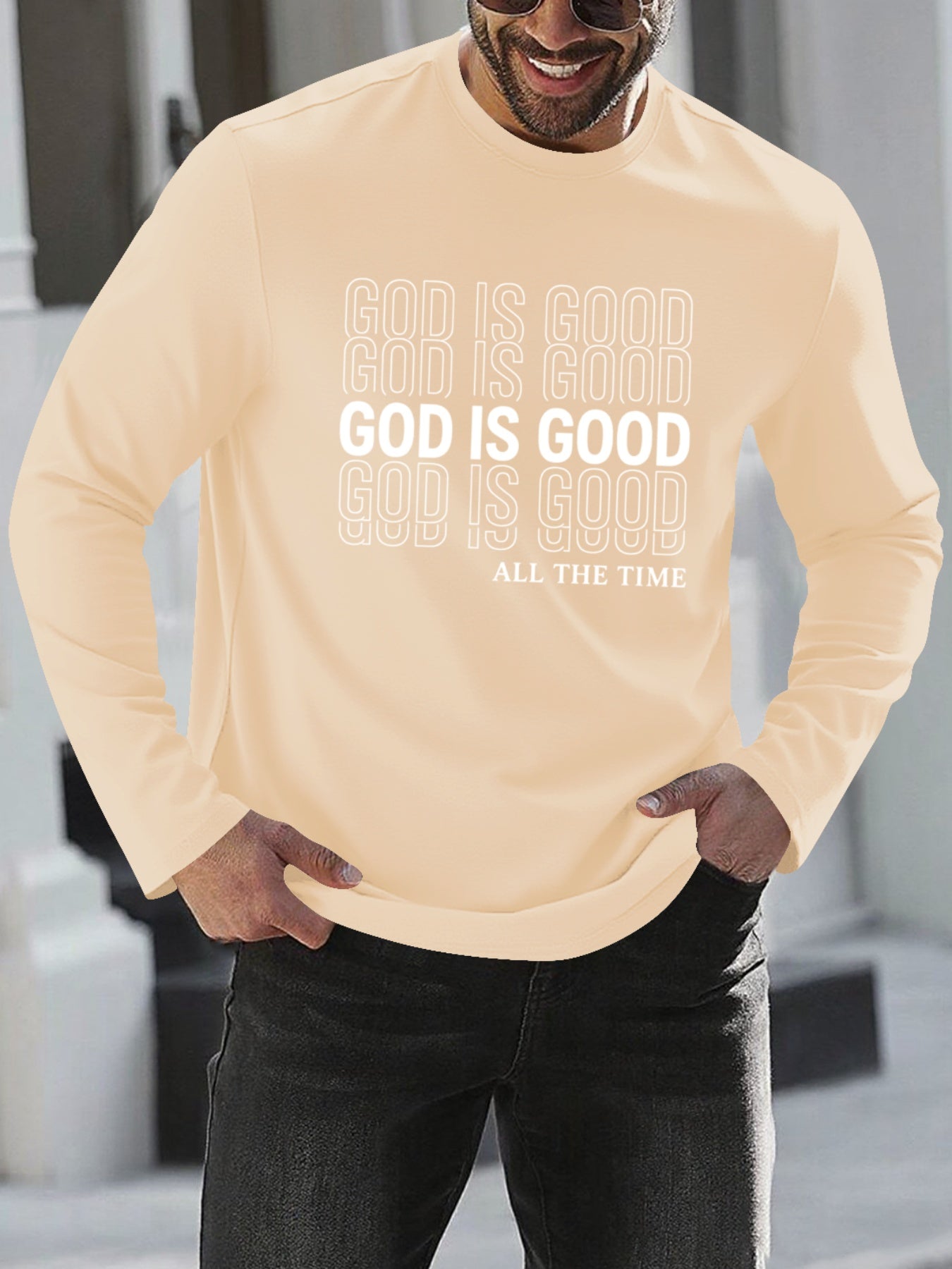 Men's Oversized Christian Faith T-Shirt with "God is Good All The Time" Print - Breathable Long Sleeve Casual Round Neck Shirt for Church, Casual Attire & Religious Events - Spring/Fall Comfort Fit (Adults & Teens) - Medium S