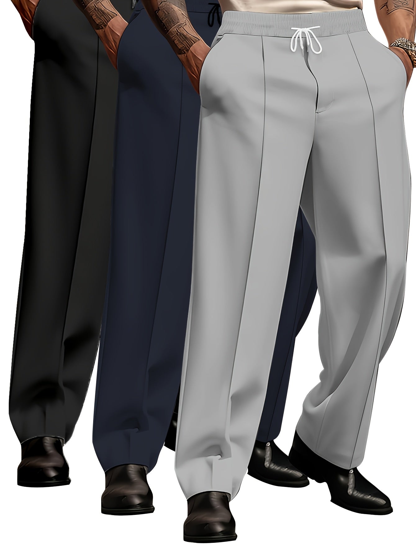 Men's Three-piece, Loose Straight-leg Slacks, Classic Solid Color Matching, Creating A Smart And Casual Style, Adult Daily Wear, High-quality Fabrics
