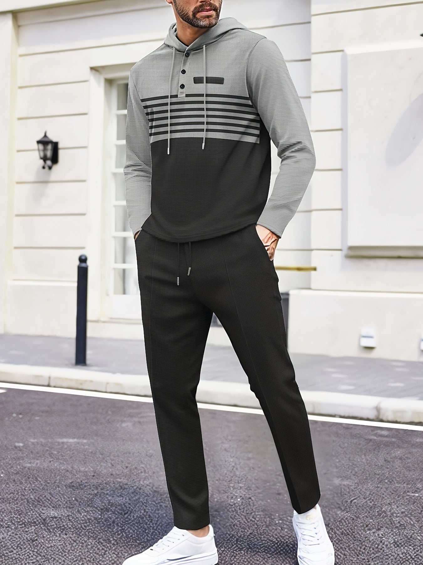 New Men's Casual Set Outdoor Versatile High Fashion Men's Hoodie Color blocked Striped Long Sleeve Top Long Pants Two Piece Set for Men