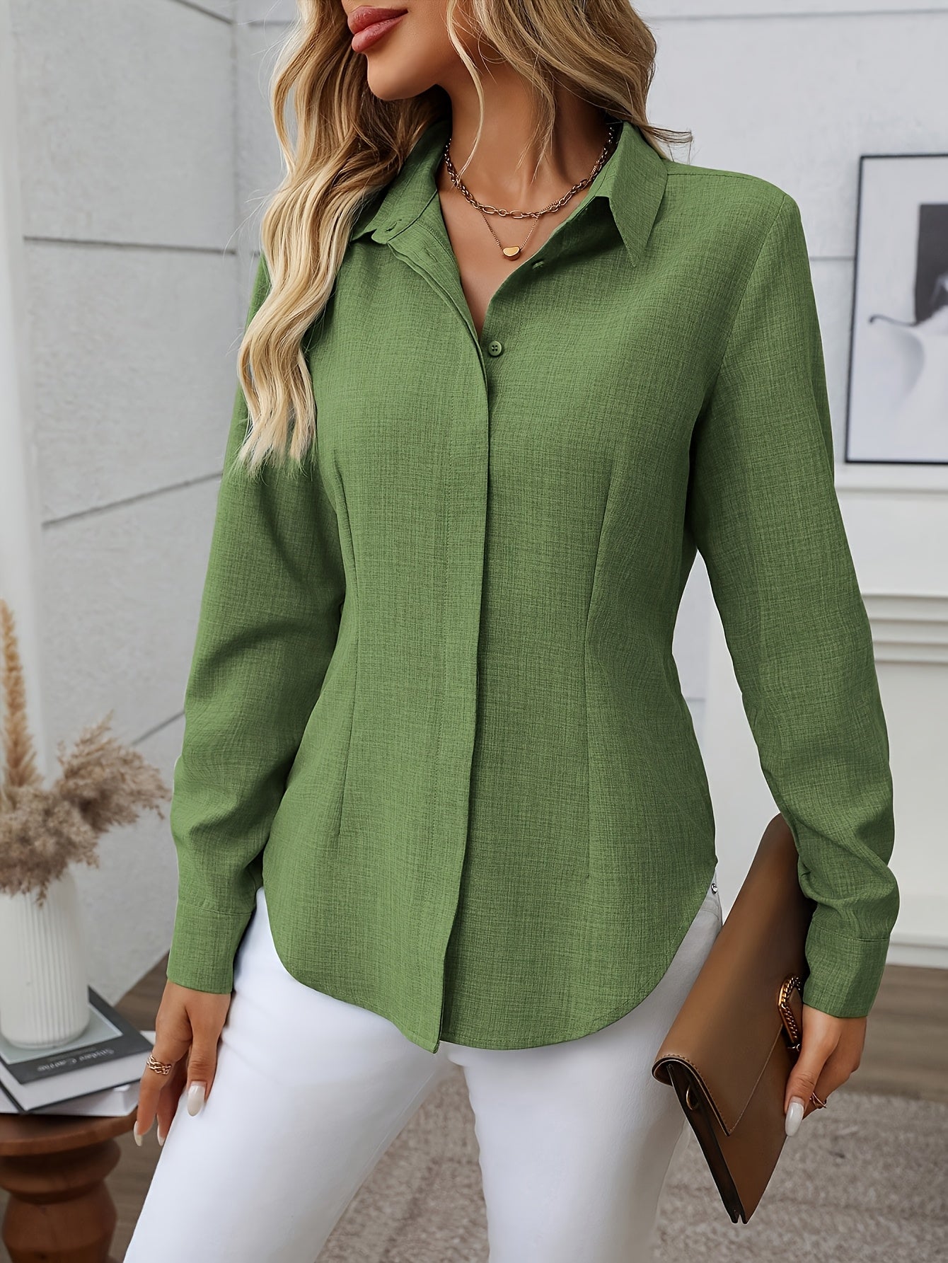 Women'S Elegant Loose-Fit Long Sleeve Blouse - Classic Button-Front Placket, Office & Casual Shirt for Teachers, Professionals - All-Season Everyday & Formal Attire - Easy-Care Women'S Business Blouse, Teacher Wardrobe Essent