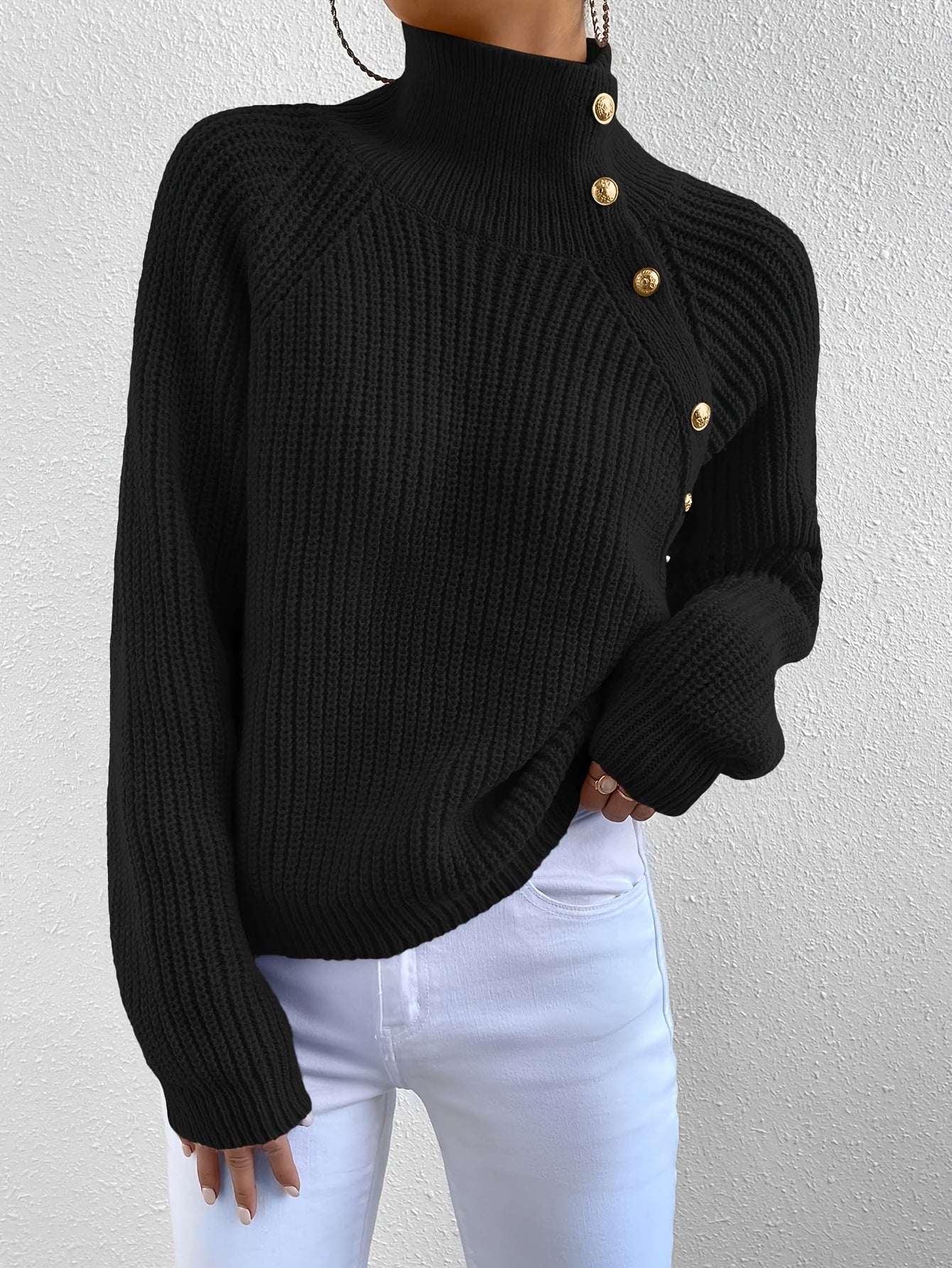 [Elegant High-Neck Pullover] Elegant High-Neck Long Sleeve Pullover for Women - Solid Color, Button Detail, Ribbed Texture, Fall/Winter Fashion, Black, Versatile Top | Button Detail Top | Construction, Sweater Dress