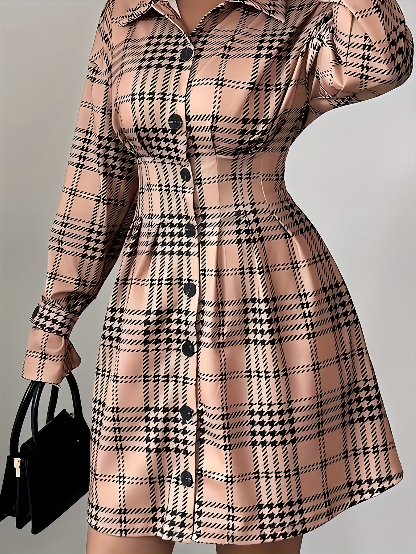 Elegant Houndstooth Plaid Button-Front Blouse Dress with Ruched Waist - Long Sleeve, Knee-Length, Black & White Check Pattern, Perfect for Adult Women, All-Season Wear, Stylish Button-Up Design, Allseason Attire | Ruched Wais