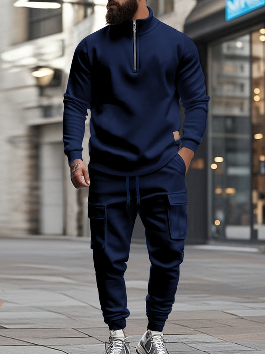 [Retro Casual Suit] Mens Fashionable Retro Casual Suit | Small Stand-up Collar Half-Zip Sweatshirt Plus Multi-Pocket Work Pants Set - Street Trendy Sports Suit Mens Outdoor Jogging Fitness Commuting All-Purpose Casual Sports