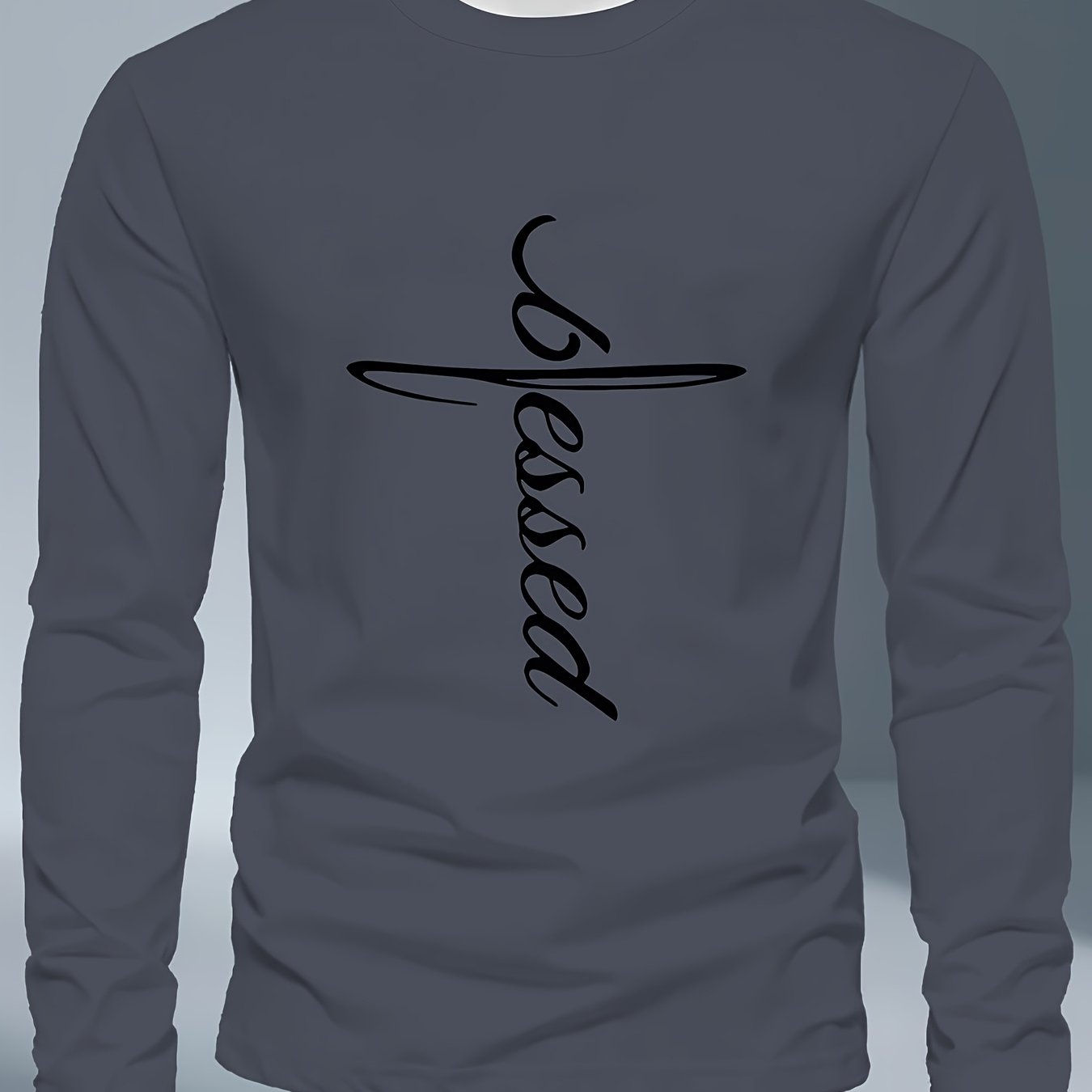 Men's Plus Size Long Sleeve T-Shirt - Dark Gray/Black Blessed Script & Cross - Soft Everyday & Formal Shirt - Machine Washable Casual Top for Religious Events Casual Attire, Event Apparel, Graphic Tee, Comfortable Fit, Comfor