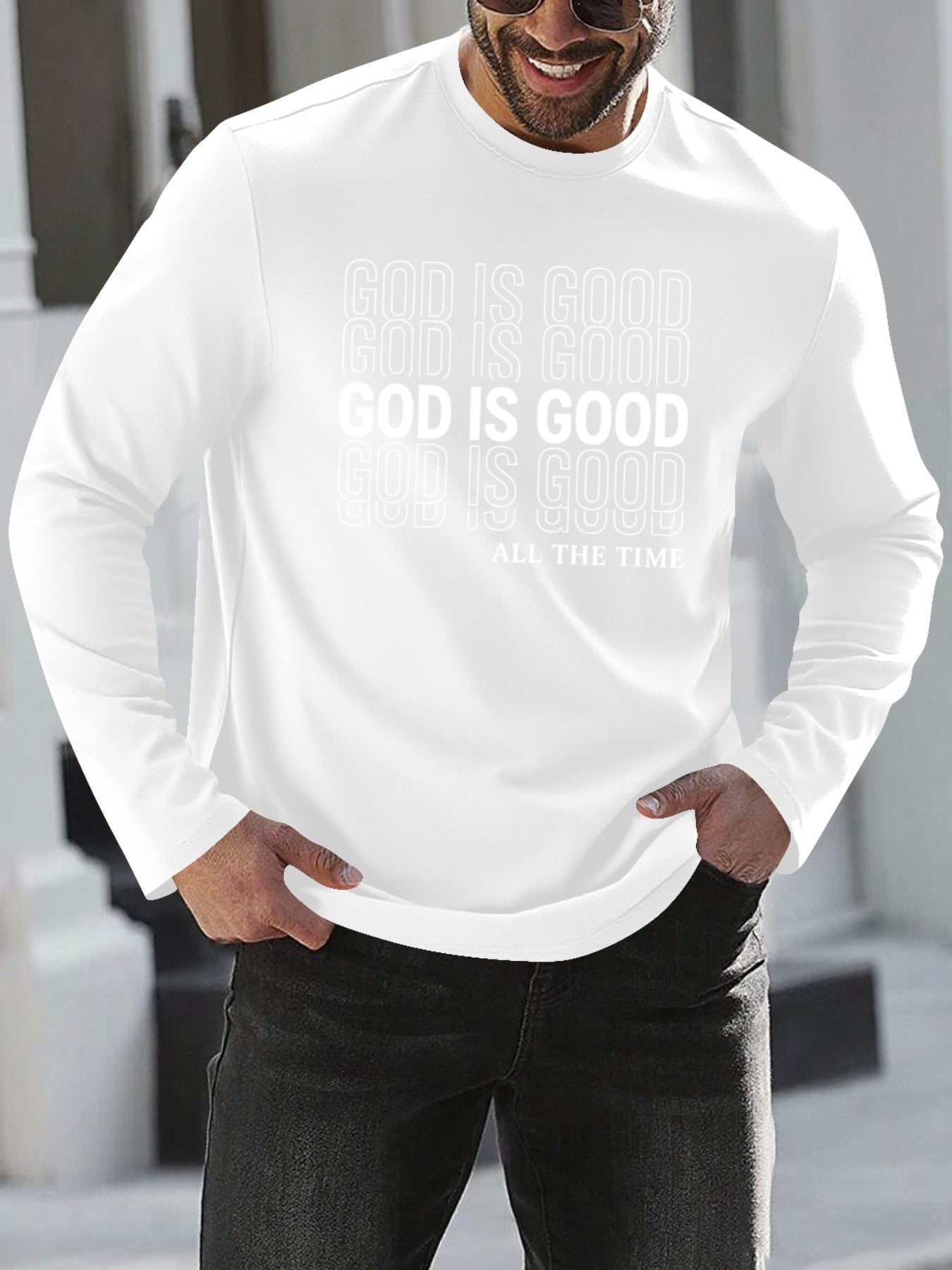 Men's Oversized Christian Faith T-Shirt with "God is Good All The Time" Print - Breathable Long Sleeve Casual Round Neck Shirt for Church, Casual Attire & Religious Events - Spring/Fall Comfort Fit (Adults & Teens) - Medium S