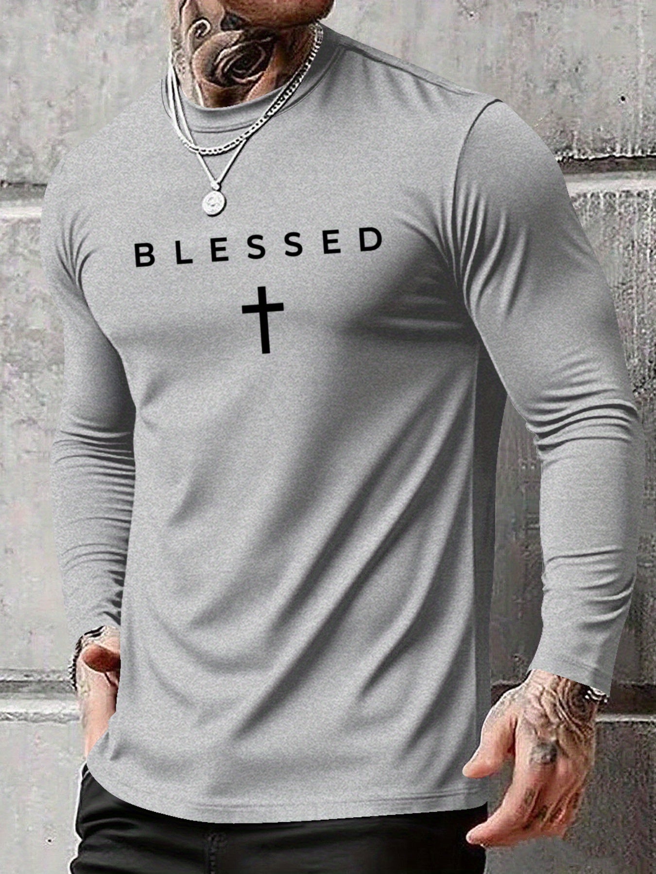 Men's Oversized Long Sleeve T-Shirt with Blessed Cross Print - Breathable Casual Round Neck Christian Faith Apparel, Plus Size Comfort Fit for Spring Summer Fall, Casual Attire & Church Events (Adults & Teens), PLUS SIZE