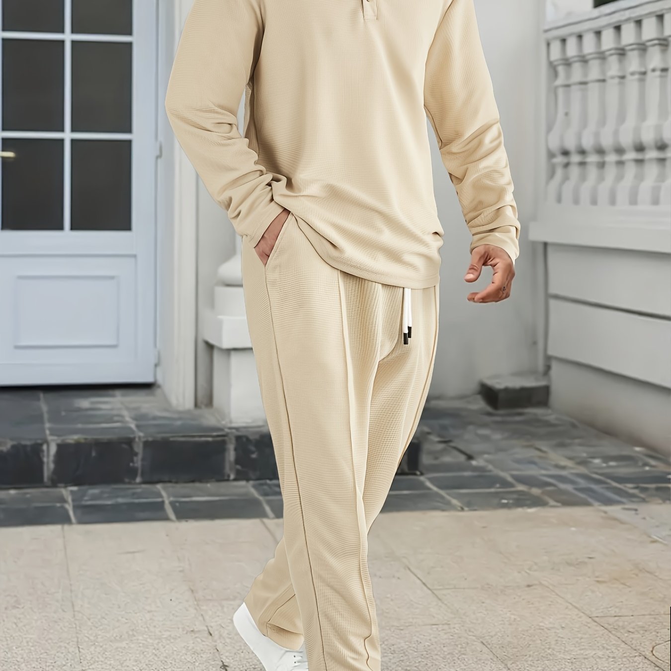 [Comfortable Men's Set] 2pcs Men's Long-Sleeve Shirt and Drawstring Pants Set - Clean, Comfortable, Breathable