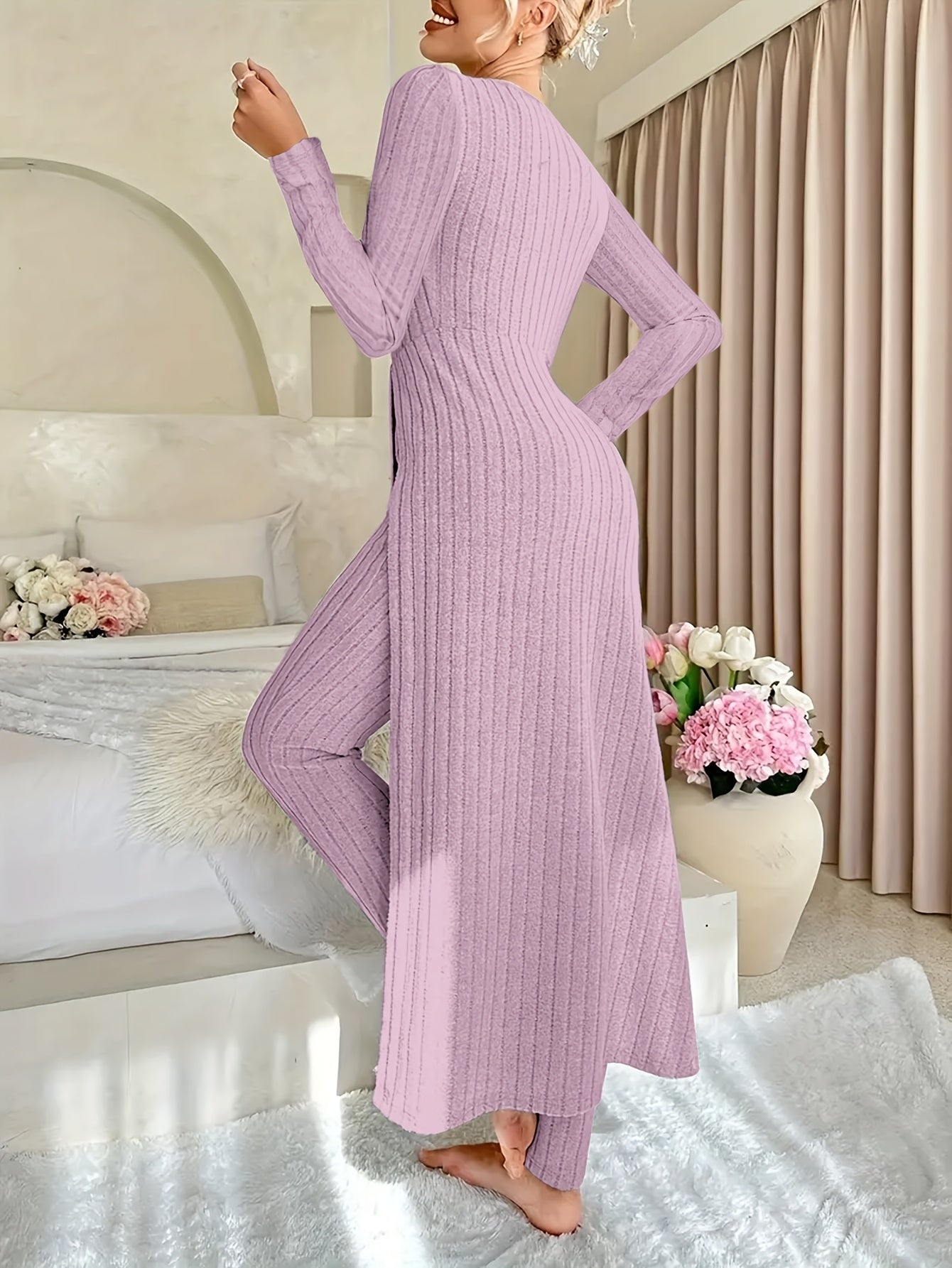 [Plaid Two-Piece] Two-Piece Set Round Neck Split Long Sleeve Top and Pants | Design Sensation with Plaid Spring/Autumn Style