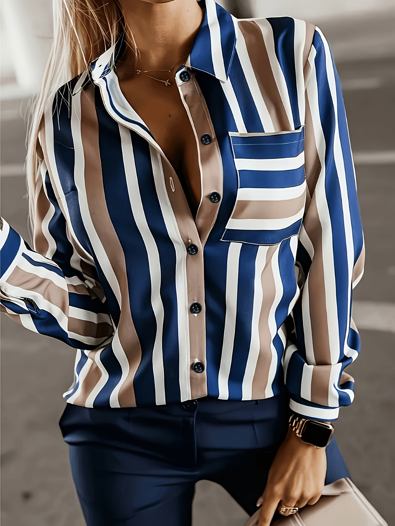 Polyester Elegant Women's Striped Long Sleeve Shirt with Button Detail and Pocket - Machine Washable, Perfect for Spring & Fall