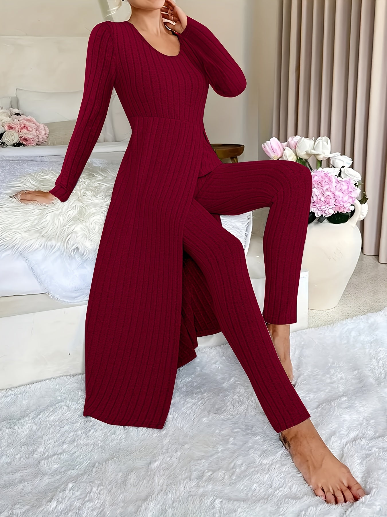 [Plaid Two-Piece] Two-Piece Set Round Neck Split Long Sleeve Top and Pants | Design Sensation with Plaid Spring/Autumn Style
