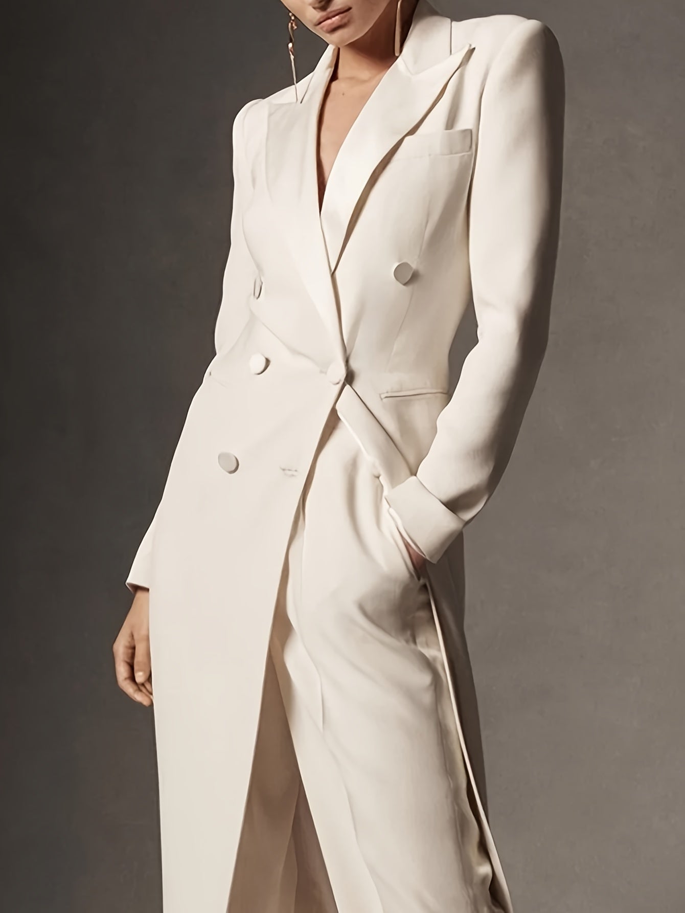 [Elegant Blazer] Elegant Long Double-Breasted Blazer | Women's Solid Color Notch Lapel Regular Fit Urban Style Jacket with Button Front, Long Sleeve for Spring/Fall Office & Casual Wear, Spring Outerwear, Sophisticated Tailor