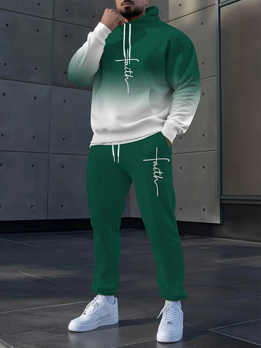 2pcs Gradient Letter 3D Digital Print Hooded Sweatshirt & Sweatpants Set - Unisex Couple Matching Outfits, Green to White Ombre with Faith Lettering, Full-Zip Hoodie & Elastic Waist Joggers, Machine Washable Casual Gym & Casu