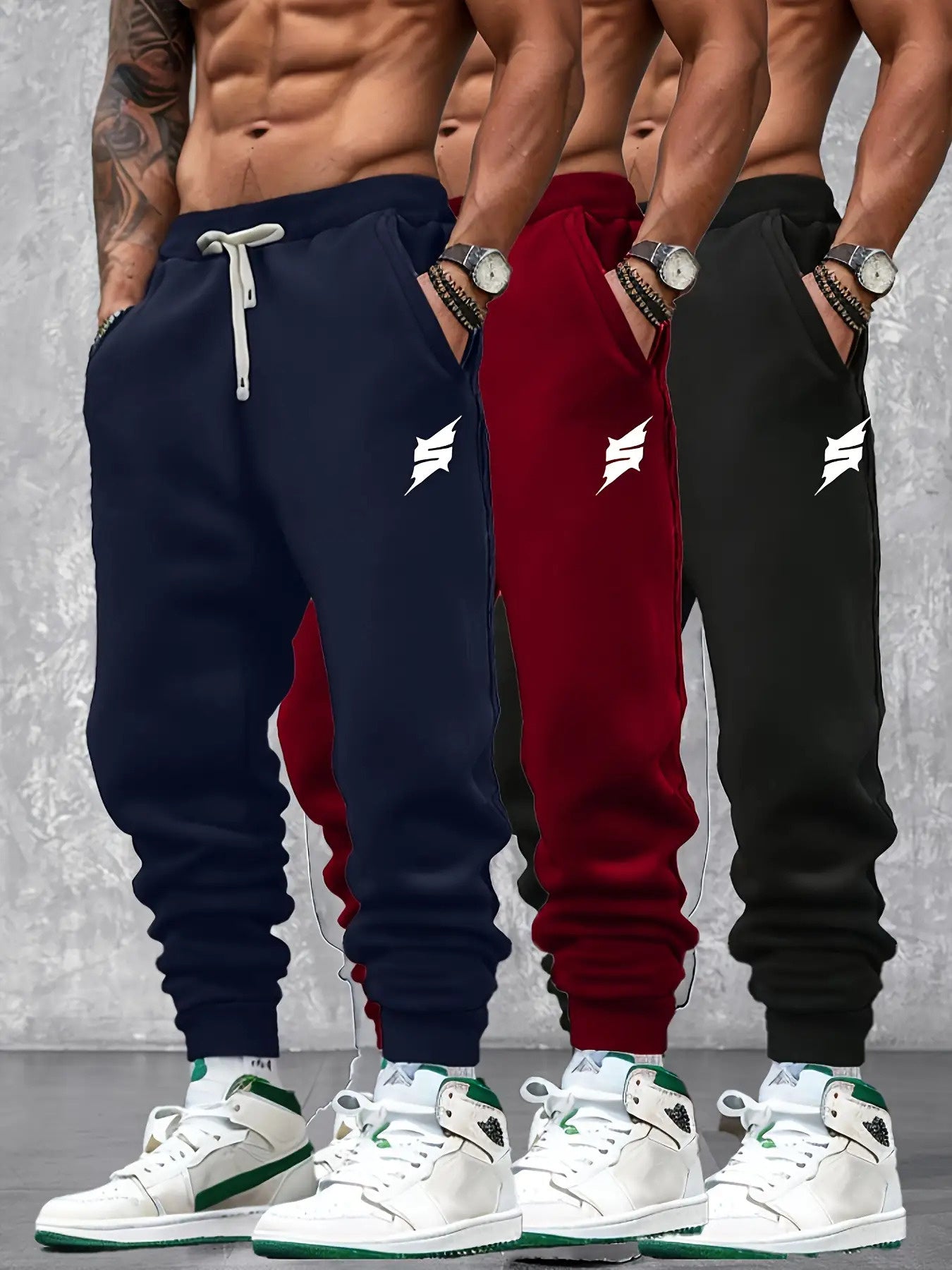 3-Pack Men's Jogging Pants with Belt Loop & - Belt Detail, Geometric Print Casual Trousers, Regular Fit Slight Stretch for Gym, Casual Attire - All-Season (Spring, Summer, Fall) - Corduroy-Like Texture Design, Machine Washabl