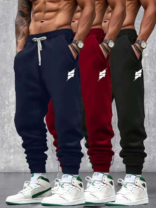 3-Pack Men's Jogging Pants with Belt Loop & - Belt Detail, Geometric Print Casual Trousers, Regular Fit Slight Stretch for Gym, Casual Attire - All-Season (Spring, Summer, Fall) - Corduroy-Like Texture Design, Machine Washabl