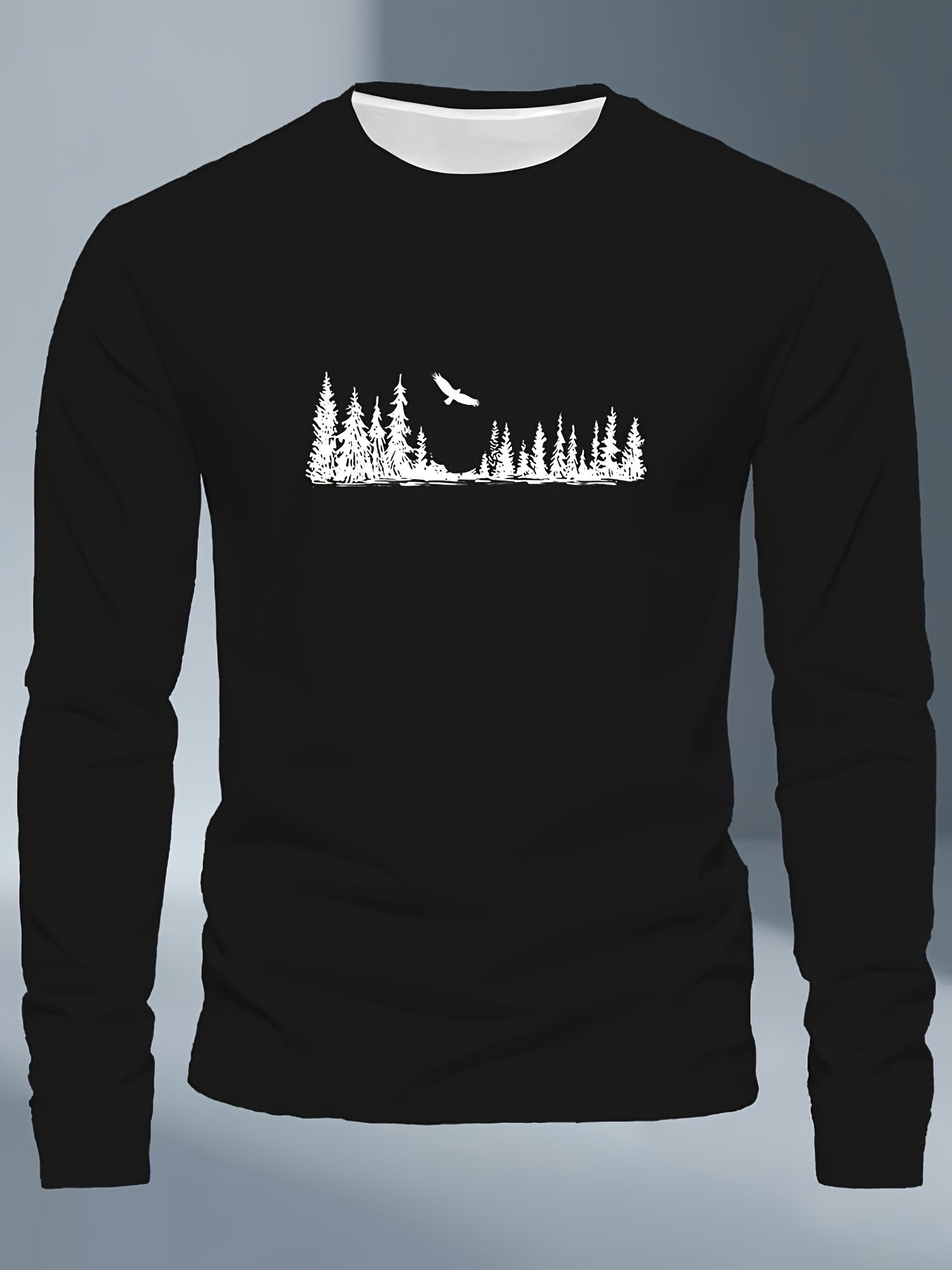 Men's Plus Size Long Sleeve T-Shirt - Navy Blue with Golden Pine Tree & Bird Design - Relaxed Fit Casual Everyday & Formal Wear - Machine Washable Graphic Tee, Durable Fabric Shirt, Versatile Top, Geometric Pattern, Comfortab