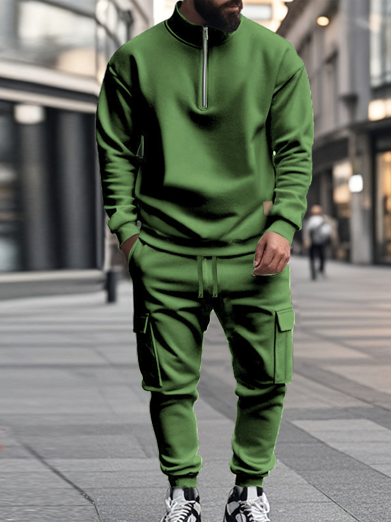 [Retro Casual Suit] Mens Fashionable Retro Casual Suit | Small Stand-up Collar Half-Zip Sweatshirt Plus Multi-Pocket Work Pants Set - Street Trendy Sports Suit Mens Outdoor Jogging Fitness Commuting All-Purpose Casual Sports