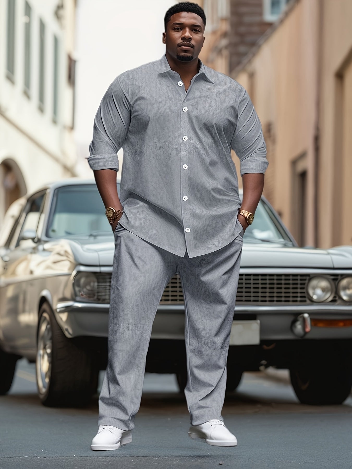 Plus Size Men's Sets, Long Sleeve Shirt & Trousers, Casual Suit Polyester Machine Washable, Lapel Stretch Outfit, Big & Tall Men, Stylish Comfort, Casual Wear, Work Attire, Stylish Set, Versatile Outfit, Comfortable Fit, Brea