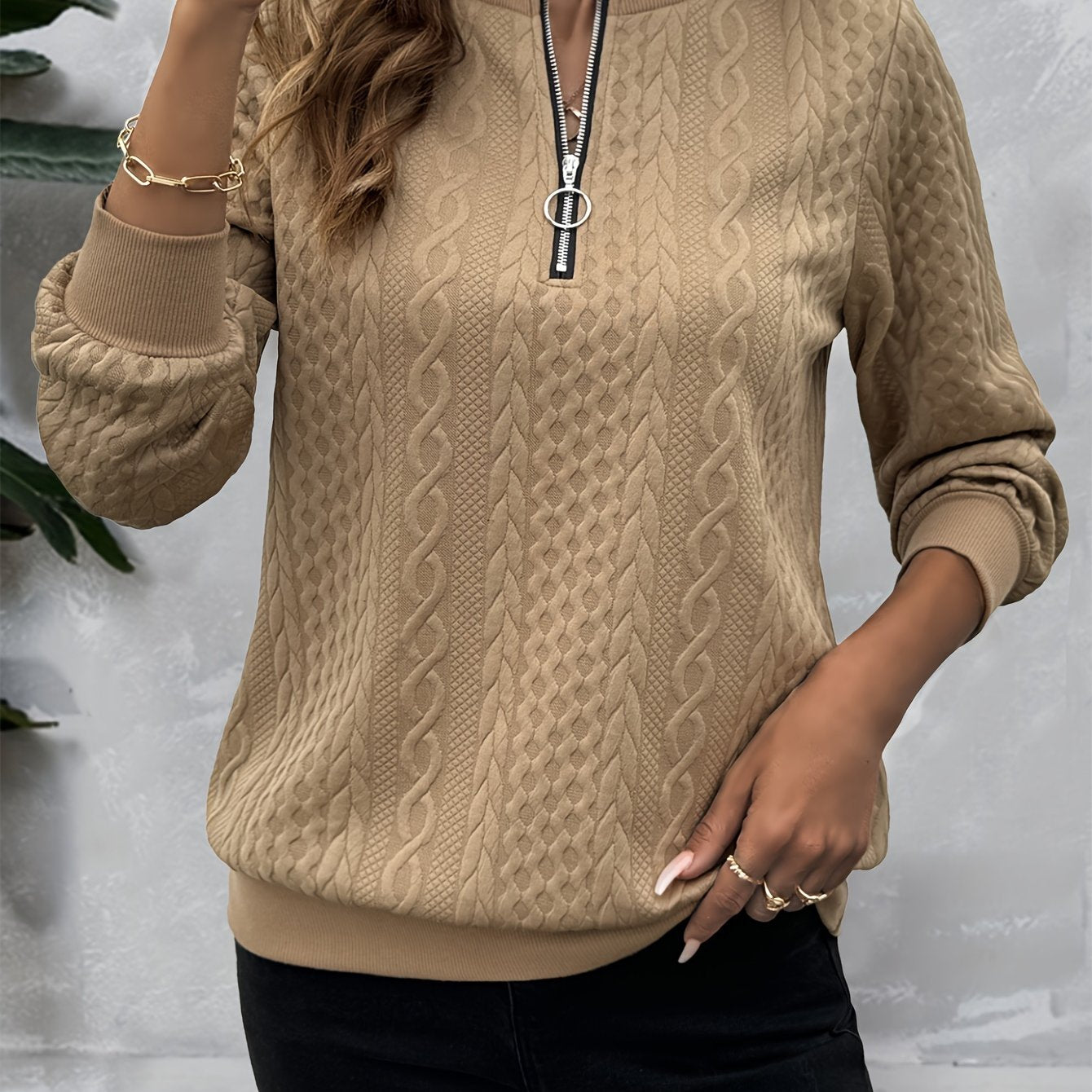 [Casual Sweatshirt] Casual Textured Half Zipper Pullover Sweatshirt | Women's Long Sleeve Sweatshirt For Fall & Spring