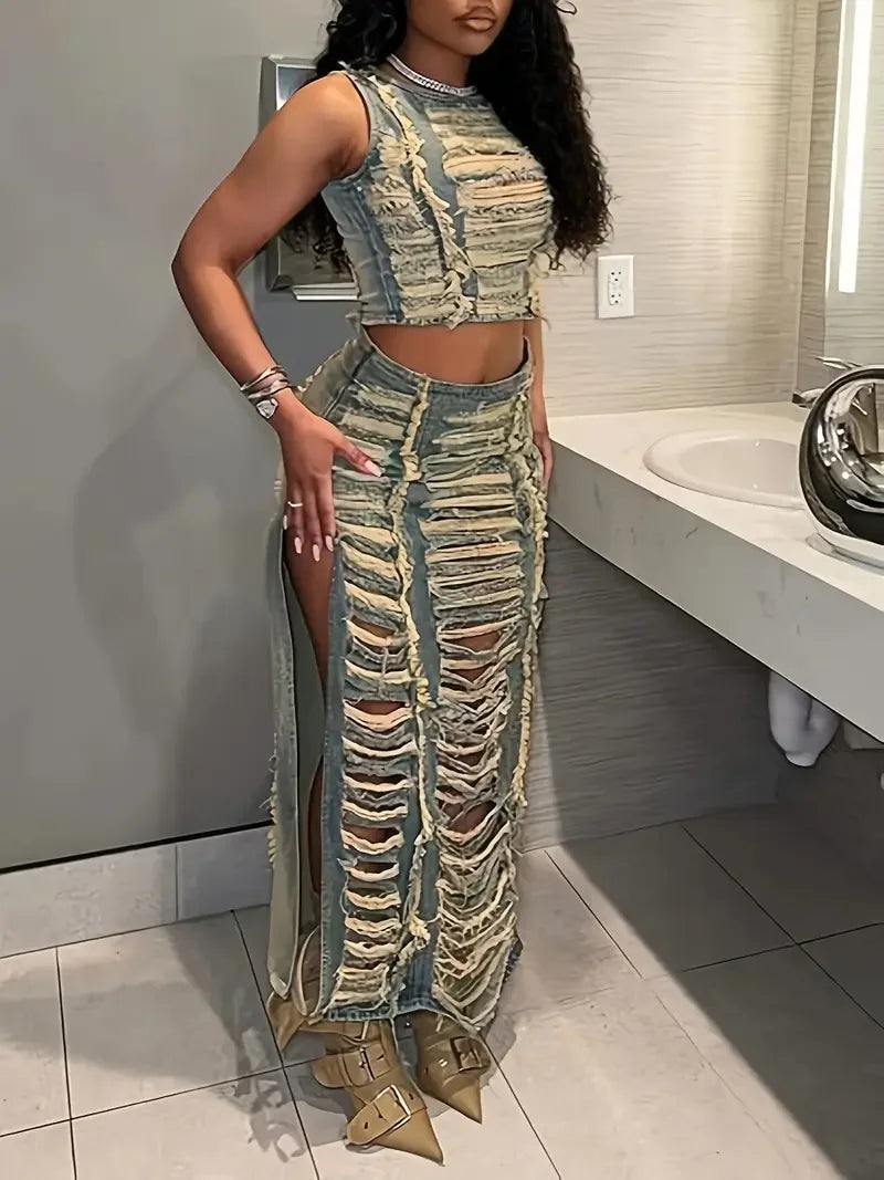 Sexy Denim Two Piece Set Women - Distressed Crop Top & Long Slit Skirt Stretchy Y2K Streetwear Summer Outfit