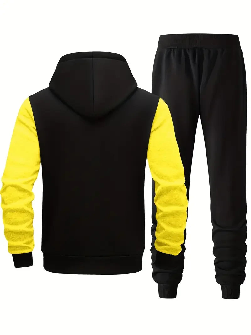 Men's Hooded Letter Print Tracksuit Set，2 Casual Sports Set，Fashion Hoodie with Full Zipper and Elastic Waist Pants，Regular Vers