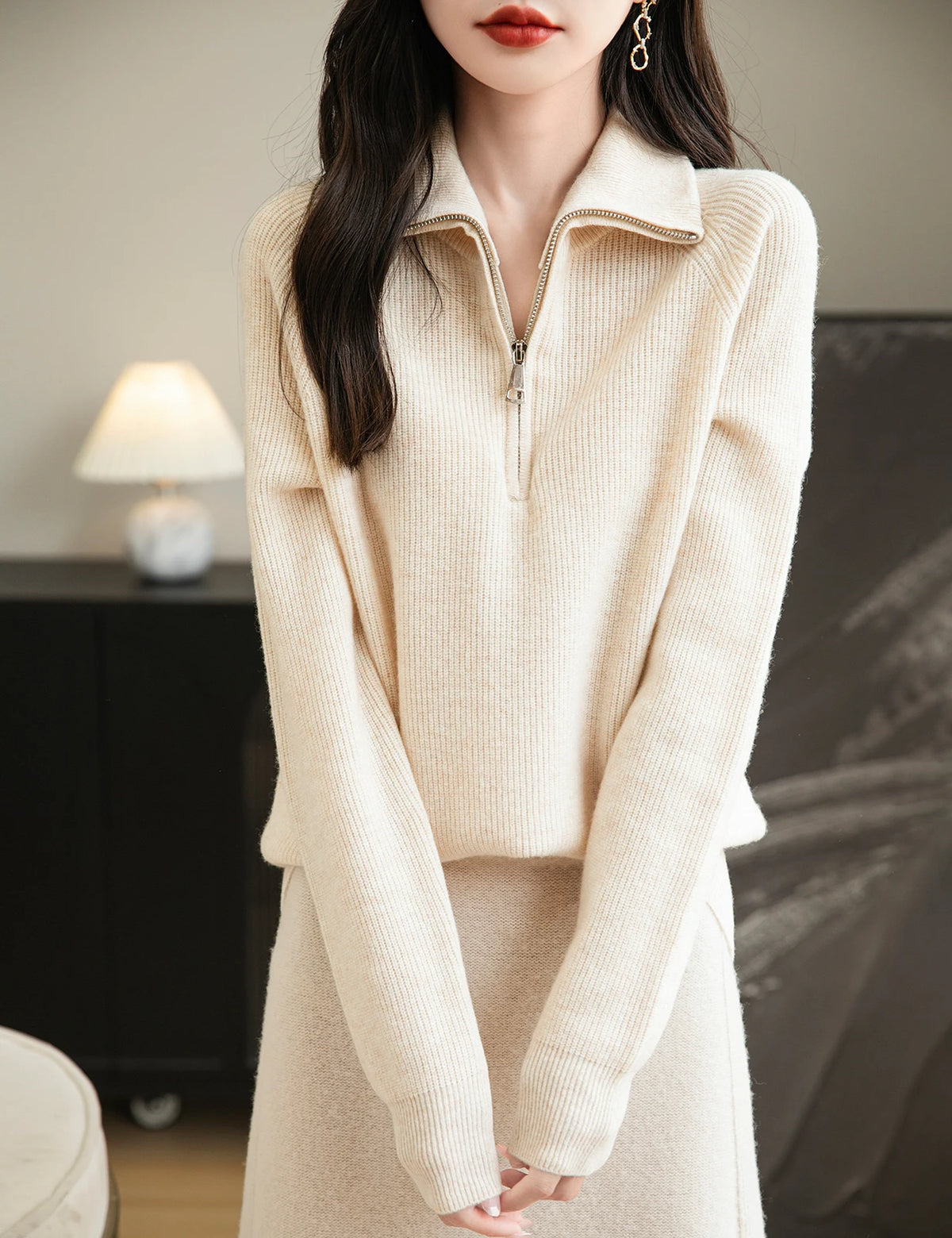 Turtleneck Wool Women's Sweater 100% Merino Wool Fall Winter Zip Pullover Casual Long Sleeve Knitted Sweater Top Female Clothing
