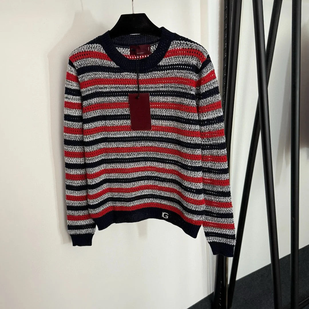 2025 Summer New Model High-Quality Luxury Knitted Striped Checkered Mesh Long-Sleeved Knitted Cardigan