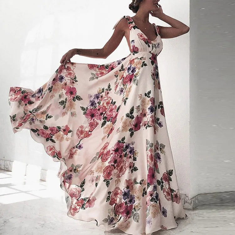 Women Sexy V-neck Dress Backless Print Big Swing Summer Spaghetti Strap Sleeveless Female Causal Beach Casual Long Clothing