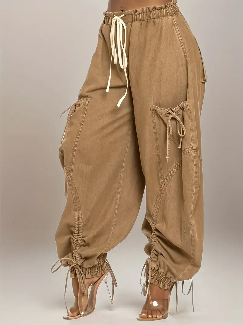 Women's Fashion Lace-Up Drawstring Loose Jeans - Stylish Casual High Waist Elastic Waistband Leggings Pants for Women