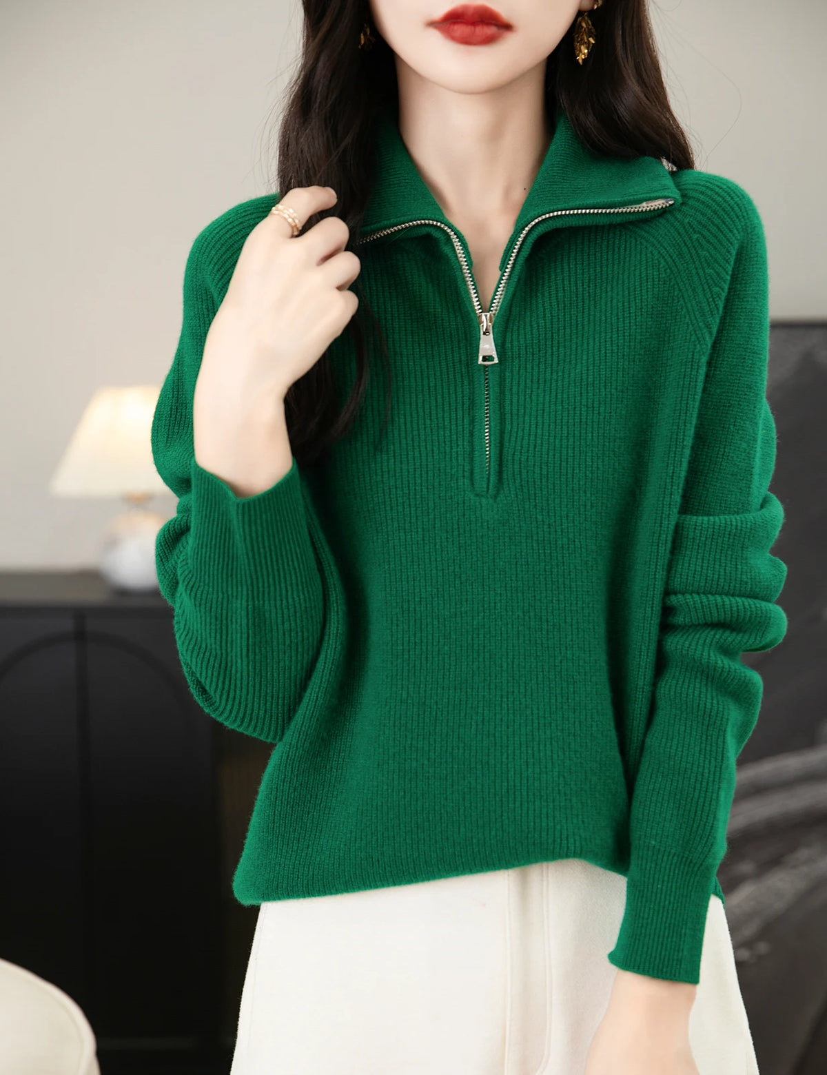 Turtleneck Wool Women's Sweater 100% Merino Wool Fall Winter Zip Pullover Casual Long Sleeve Knitted Sweater Top Female Clothing