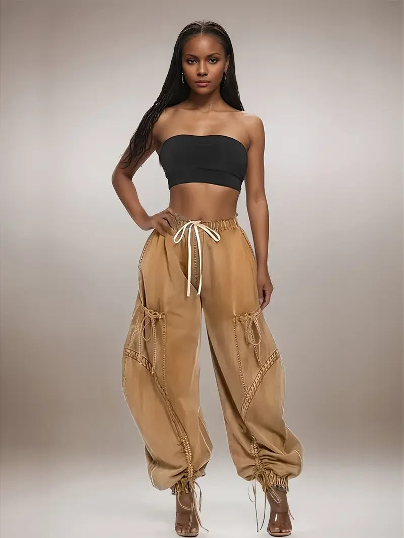 Women's Fashion Lace-Up Drawstring Loose Jeans - Stylish Casual High Waist Elastic Waistband Leggings Pants for Women