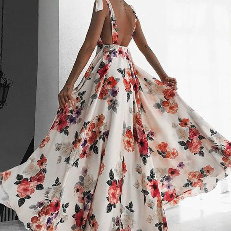 Women Sexy V-neck Dress Backless Print Big Swing Summer Spaghetti Strap Sleeveless Female Causal Beach Casual Long Clothing