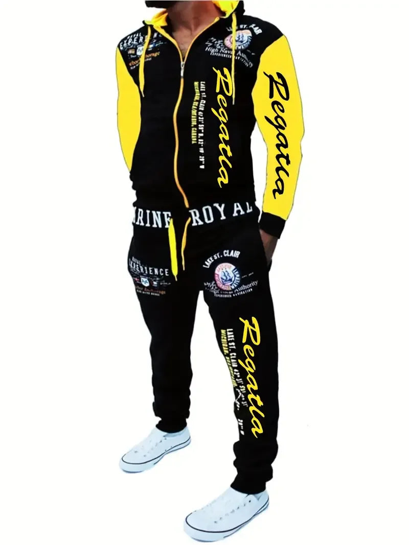 Men's Hooded Letter Print Tracksuit Set，2 Casual Sports Set，Fashion Hoodie with Full Zipper and Elastic Waist Pants，Regular Vers