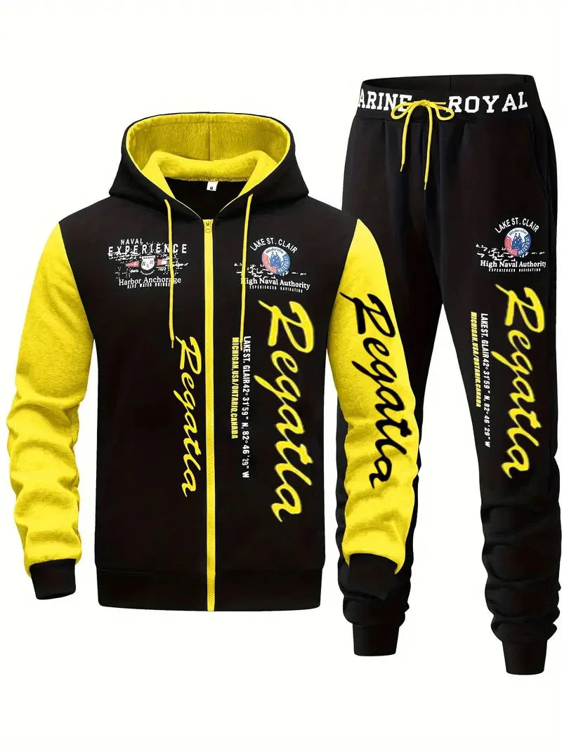 Men's Hooded Letter Print Tracksuit Set，2 Casual Sports Set，Fashion Hoodie with Full Zipper and Elastic Waist Pants，Regular Vers