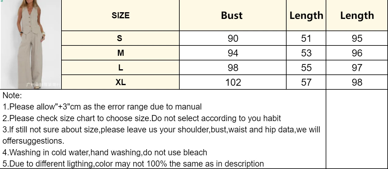 Women's Linen Suit Set - V-Neck Button Vest & Loose Pants Two-Piece Summer Outfit for Office & Vacation