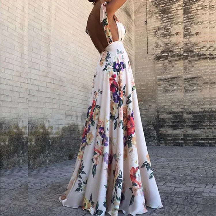 Women Sexy V-neck Dress Backless Print Big Swing Summer Spaghetti Strap Sleeveless Female Causal Beach Casual Long Clothing