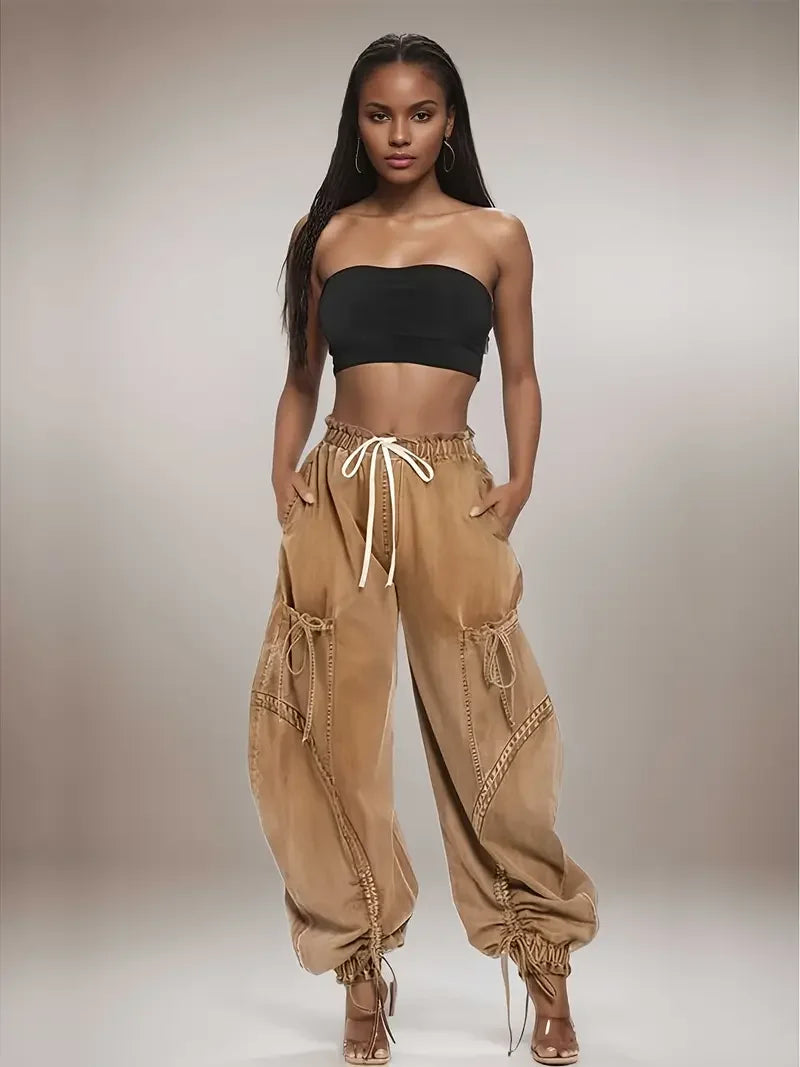 Women's Fashion Lace-Up Drawstring Loose Jeans - Stylish Casual High Waist Elastic Waistband Leggings Pants for Women
