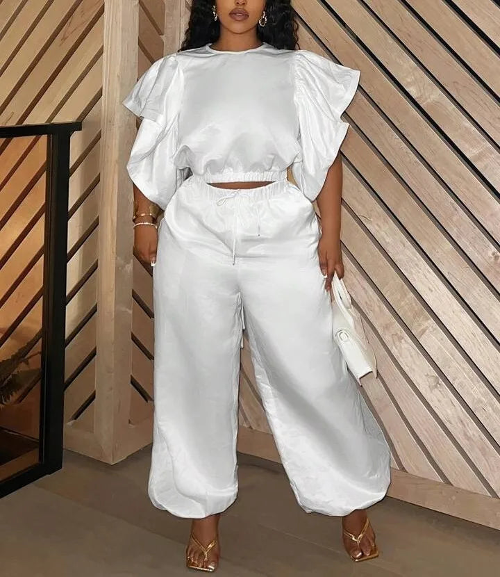 【2025 Summer New】Fashion Top & High Waist Straight Sweatpants Set for Women - Casual Tracksuit Two Piece Outfit | Solid Color/P