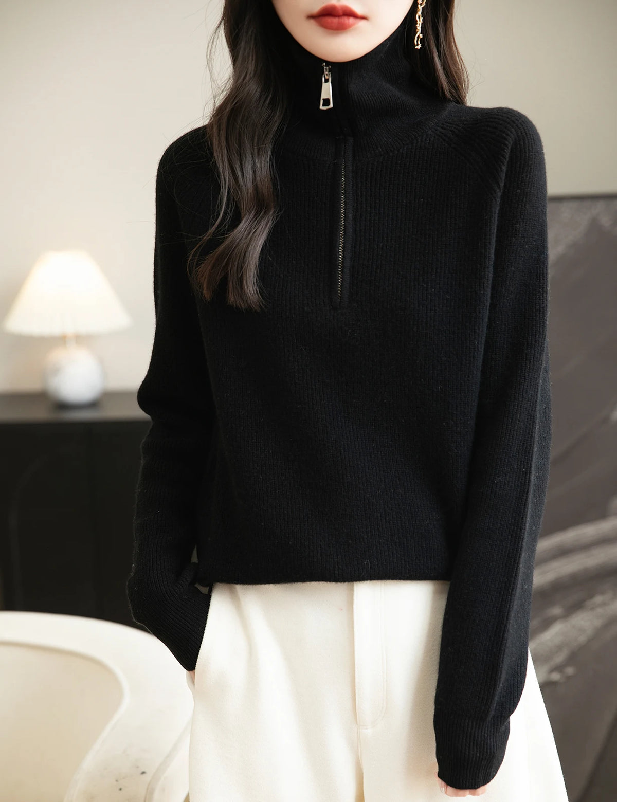 Turtleneck Wool Women's Sweater 100% Merino Wool Fall Winter Zip Pullover Casual Long Sleeve Knitted Sweater Top Female Clothing