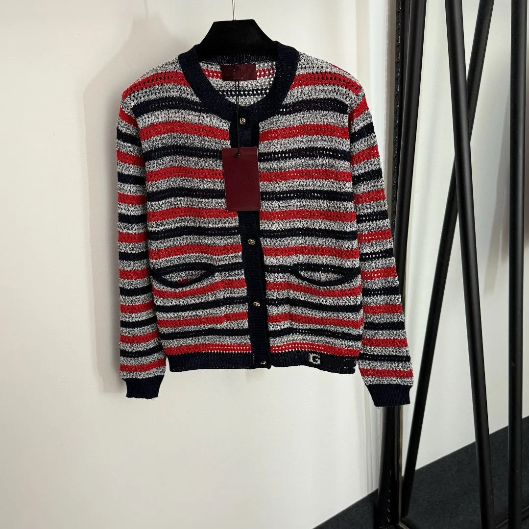2025 Summer New Model High-Quality Luxury Knitted Striped Checkered Mesh Long-Sleeved Knitted Cardigan