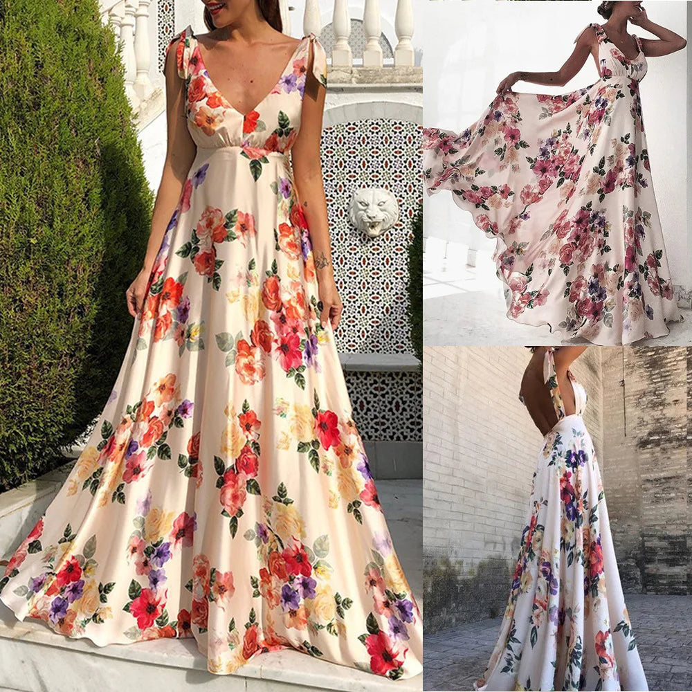 Women Sexy V-neck Dress Backless Print Big Swing Summer Spaghetti Strap Sleeveless Female Causal Beach Casual Long Clothing