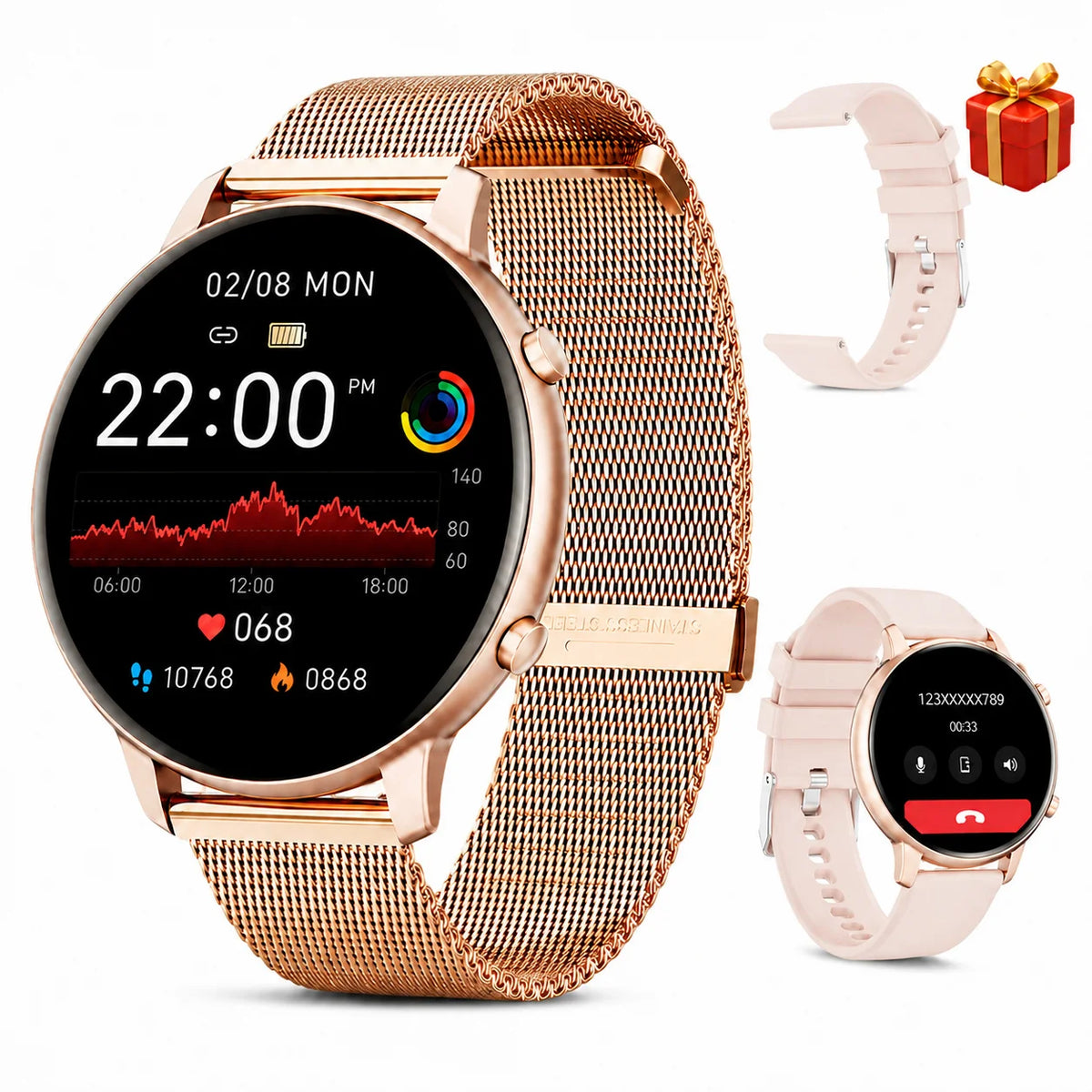 Women Rose Gold Smart Watch 1.39" Round Screen Bluetooth Call IP67 Waterproof Fitness Tracker Heart Rate SpO2 Monitor Ladies Smartwatch For Android IOS