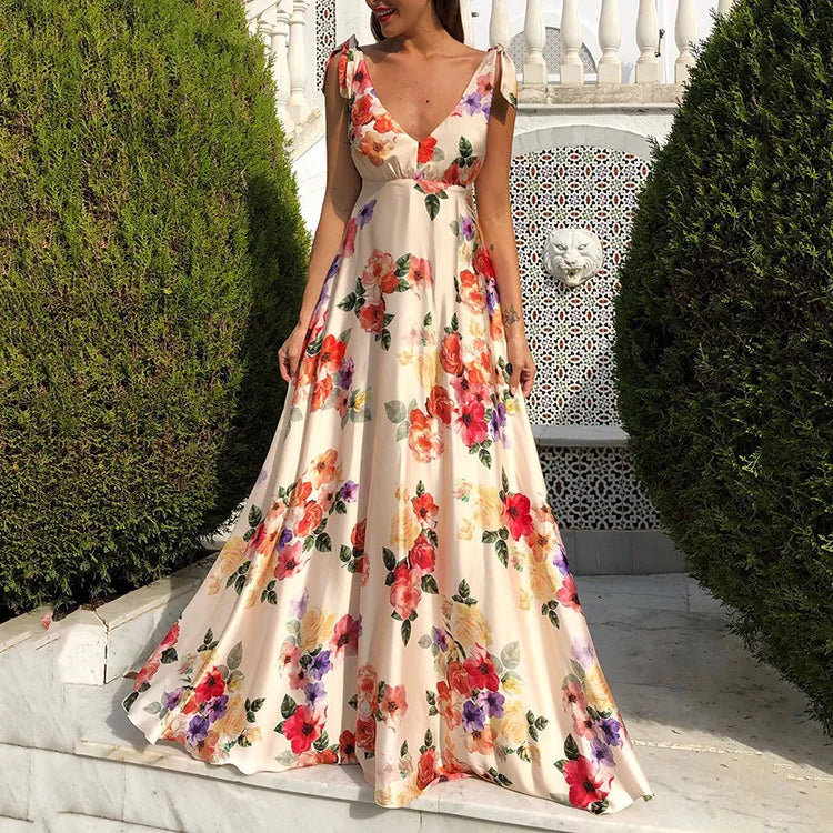 Women Sexy V-neck Dress Backless Print Big Swing Summer Spaghetti Strap Sleeveless Female Causal Beach Casual Long Clothing