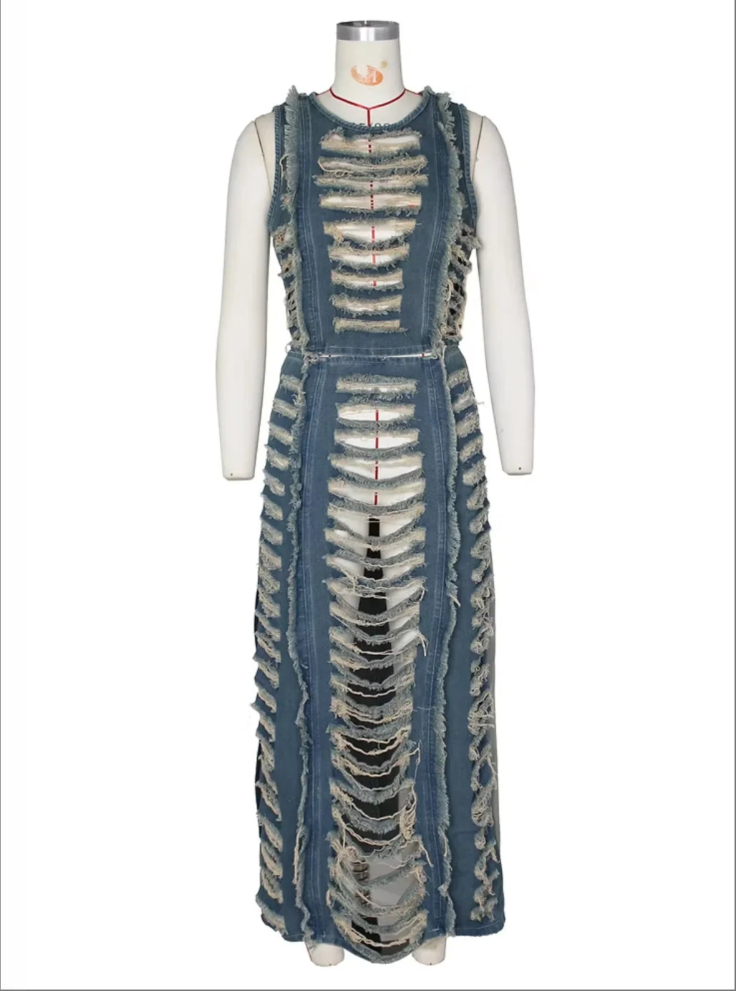 Sexy Denim Two Piece Set Women - Distressed Crop Top & Long Slit Skirt Stretchy Y2K Streetwear Summer Outfit